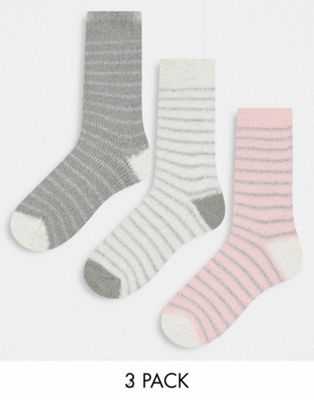 Loungeable 3 pack fluffy socks in grey cream and pink stripes