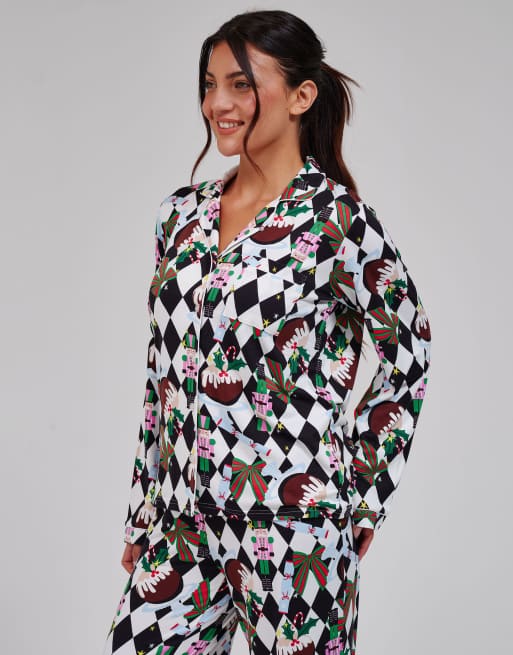 Loungeable Christmas argyle ls button down traditional pyjama set in multi, 2 of 5