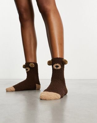 Loungeable christmas bear fluffly socks in brown