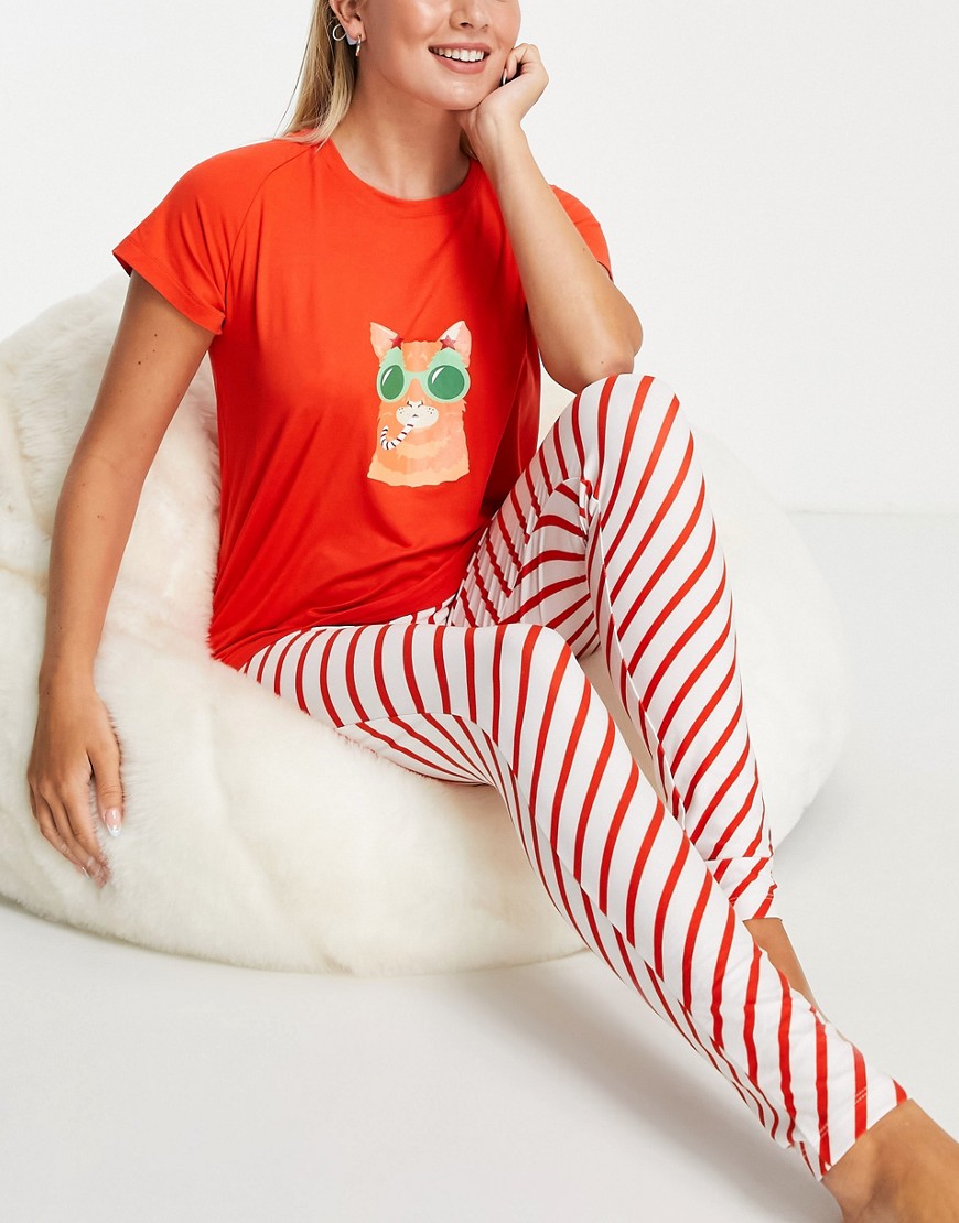 christmas candy cat pajamas in red and white stripe