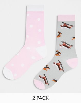 Loungeable Christmas dachshund 2 pack socks gift bag in pink