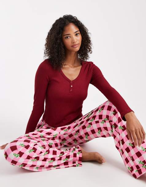 Loungeable Christmas henley and printed trouser pyjama set in berry tree print - view 1