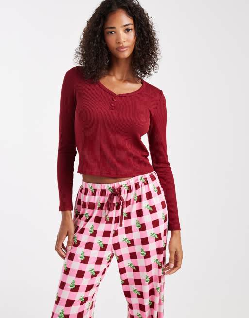 Loungeable Christmas henley and printed trouser pyjama set in berry tree print, 3 of 4