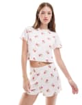 [Loungeable] Loungeable Christmas Mistletoe print jersey pyjama t-shirt and shorts set in light pink 10 PINK