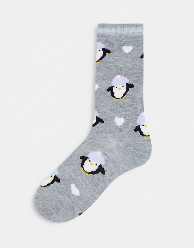 Loungeable christmas penguin socks with matching gift bag in gray