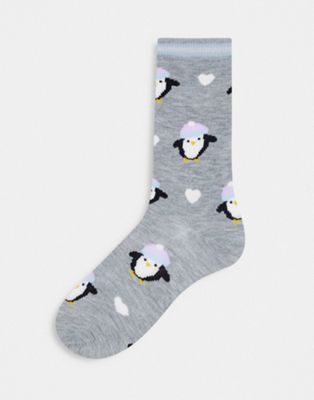 Loungeable christmas penguin socks with matching gift bag in grey