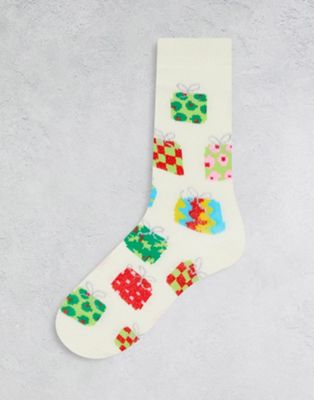 Loungeable Christmas presents socks with matching gift bag in cream