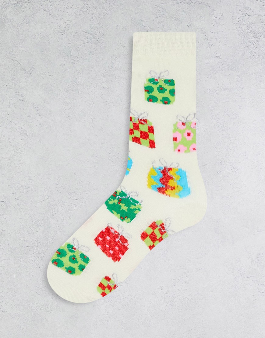 Loungeable christmas presents socks with matching gift bag in cream-White