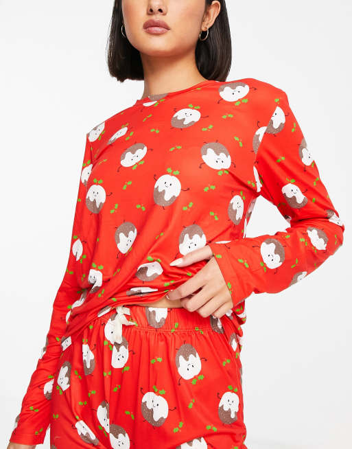 Loungeable christmas pudding leggings pyjama set in red, 3 of 4