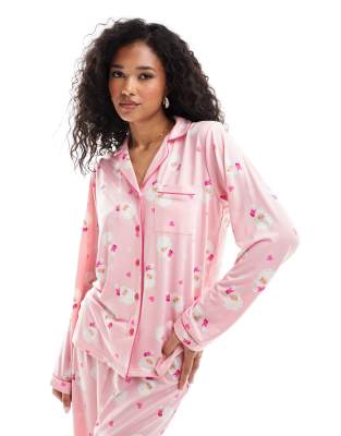 Loungeable - Christmas - Pyjama-Set aus Jersey mit Weihnachtsmann-Print in Rosa und Rot-Bunt