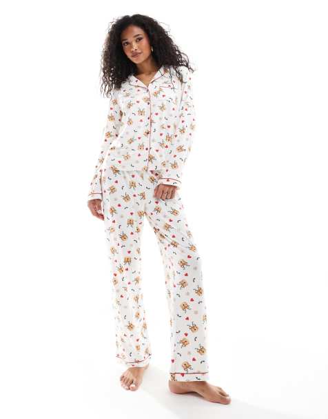 Loungeable Christmas reindeer print jersey pyjama set in cream - view 1