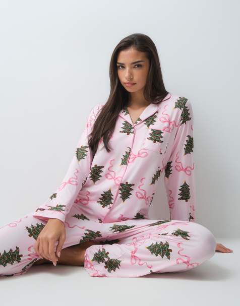 Loungeable Christmas rever button up shirt and pant pyjama set in pink stripe tree print - view 1