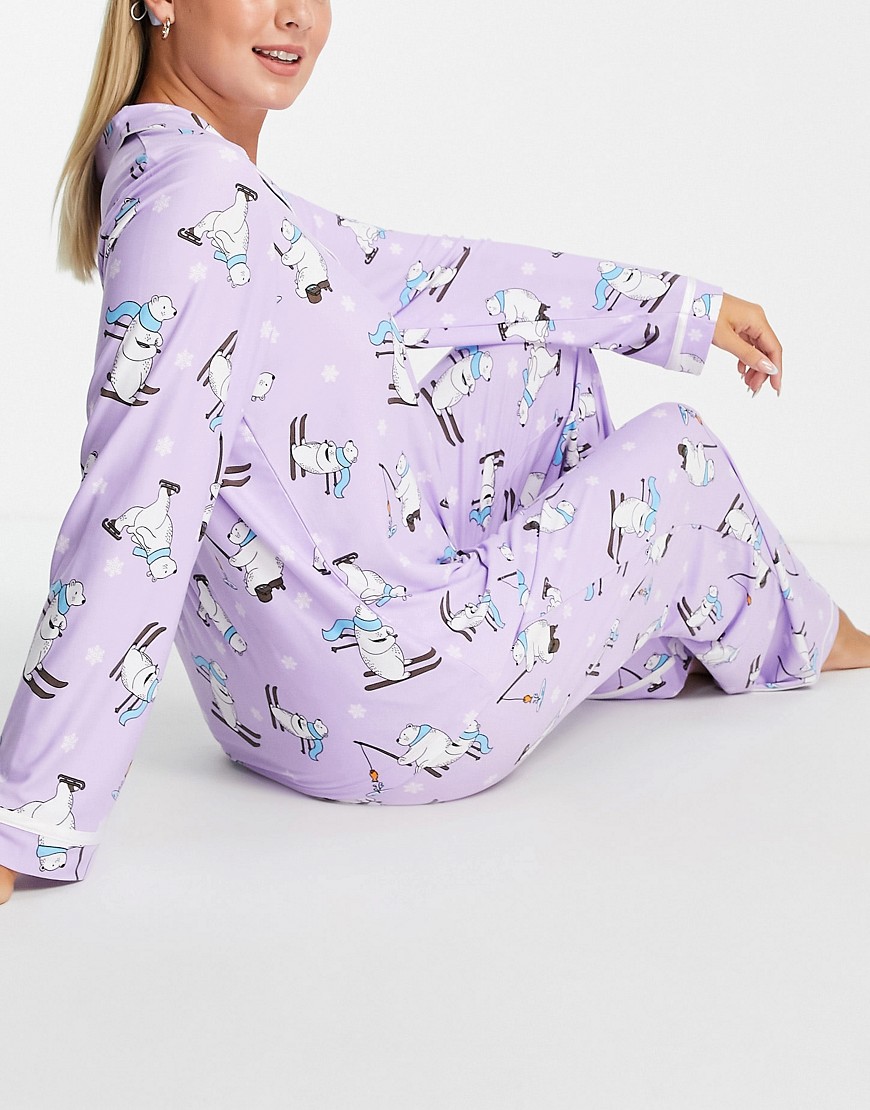 Loungeable Christmas Skiing Polar Bear Pajama Set In Lilac-purple