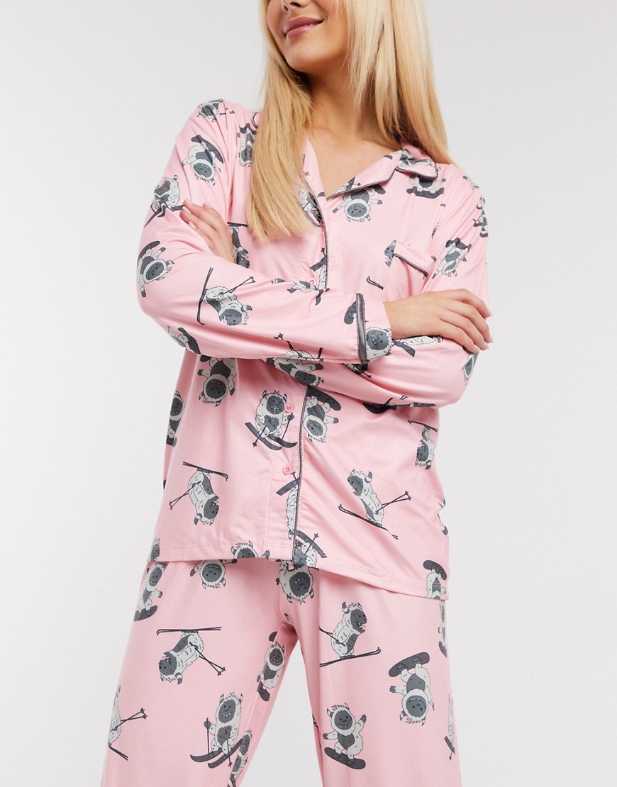 Loungeable christmas skiing yeti super soft traditional pyjama set in pink