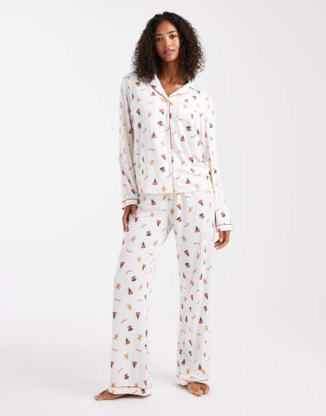 Loungeable Christmas super soft jersey camp collar top and wide leg pajama set in cream gingerbread print - view 1