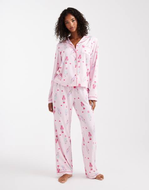 Loungeable Christmas super soft jersey camp collar top and wide leg pants pajama set in pink nutcracker print - view 1