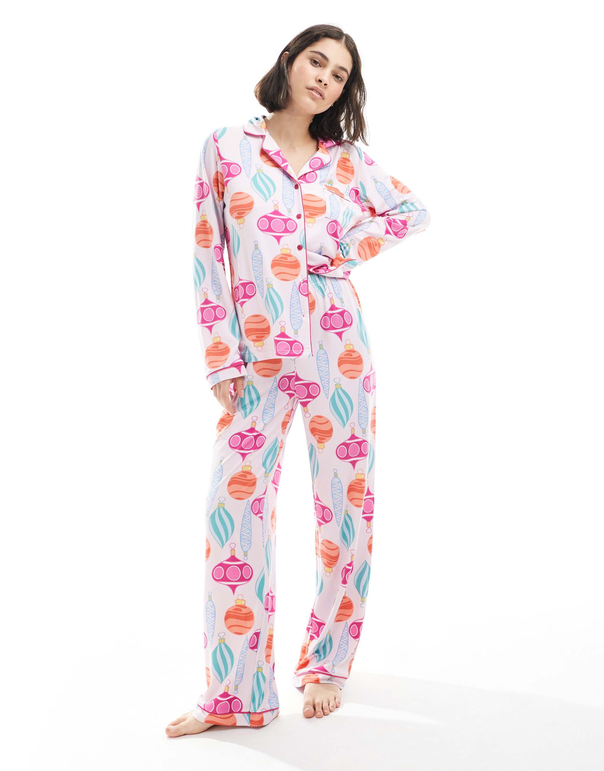 loungeable christmas super soft jersey revere top and wide leg pants pajama set in bauble print