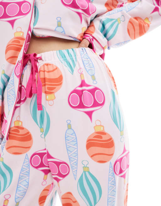 Loungeable Christmas super soft jersey revere top and wide leg pyjama set in bauble print, 2 of 4