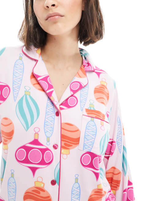 Loungeable Christmas super soft jersey revere top and wide leg pyjama set in bauble print, 4 of 4