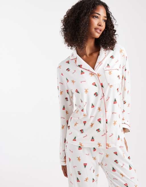 Loungeable Christmas super soft jersey revere top and wide leg pyjama set in cream gingerbread print, 2 of 4