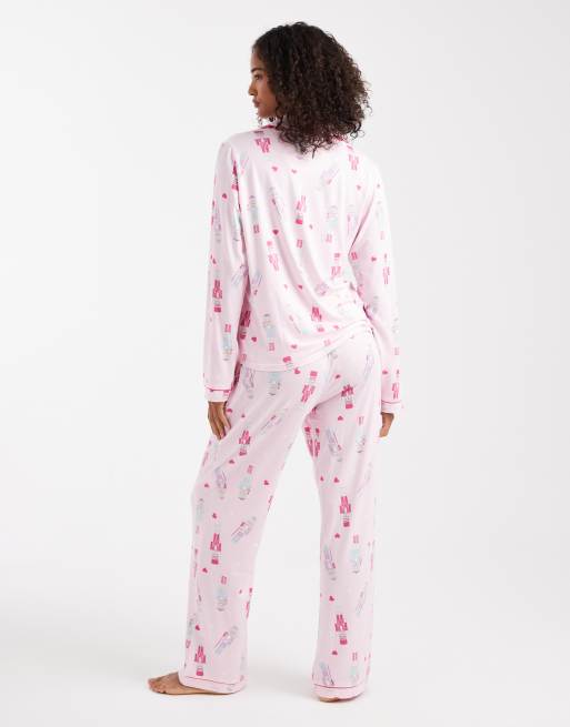 Loungeable Christmas super soft jersey revere top and wide leg pyjama set in pink nutcracker print, 3 of 4