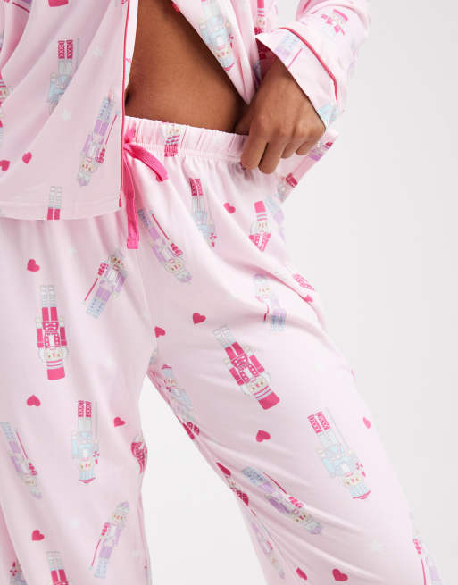 Loungeable Christmas super soft jersey revere top and wide leg pyjama set in pink nutcracker print, 4 of 4