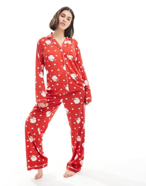 Loungeable Christmas super soft jersey revere top and wide leg pyjama set in red santa print - view 1