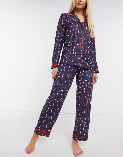 Loungeable christmas super soft pyjama set with candy cane print in navy