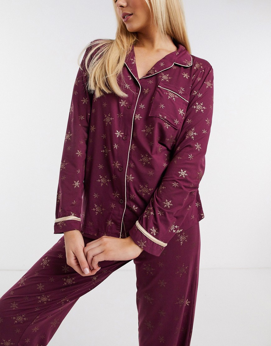 Loungeable christmas super soft traditional pyjama set with gold foil snowflake print in dark red
