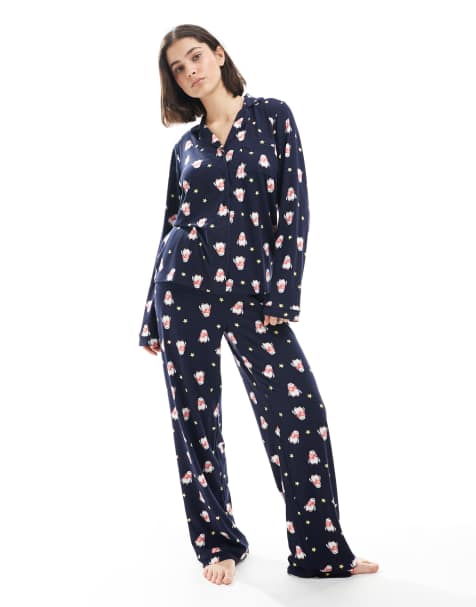 Loungeable Christmas supersoft jersey pyjama set in navy penguin print - view 1