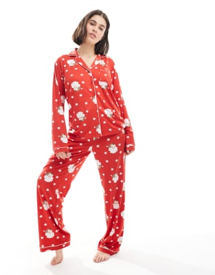 Loungeable - Christmas - Superweicher Jersey-Pyjama in Rot mit Oberteil mit Reverskragen und Hose mit weitem Bein und We...