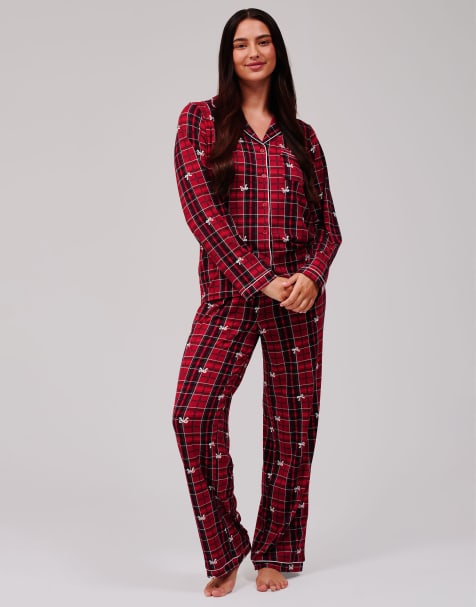 Loungeable Christmas tartan super soft long sleeve button through pyjama set in red - view 1