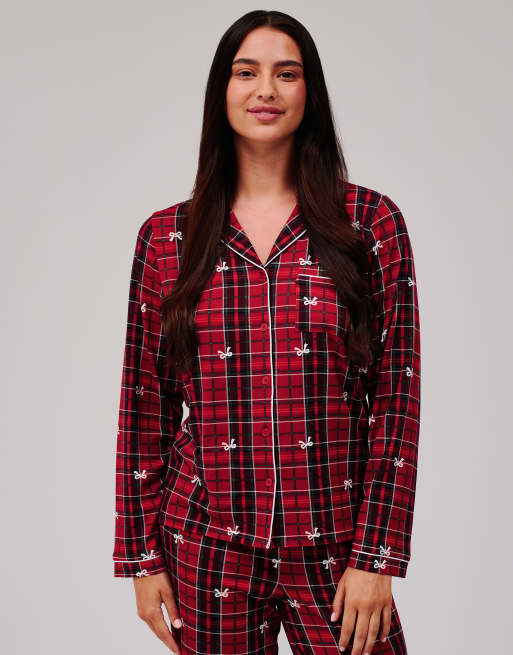 Loungeable Christmas tartan super soft long sleeve button through pyjama set in red, 2 of 5