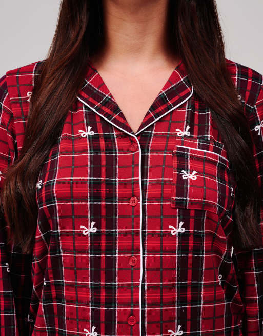 Loungeable Christmas tartan super soft long sleeve button through pyjama set in red, 3 of 5