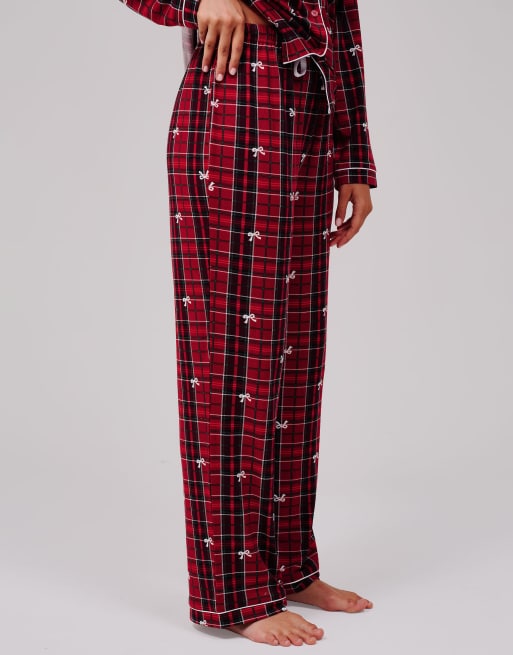 Loungeable Christmas tartan super soft long sleeve button through pyjama set in red, 4 of 5