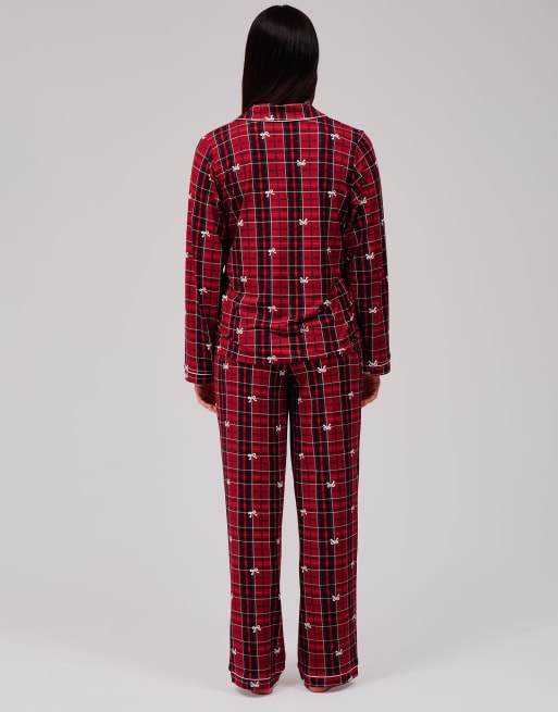 Loungeable Christmas tartan super soft long sleeve button through pyjama set in red, 5 of 5