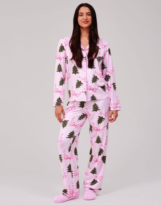 Loungeable Christmas tree stripe ls button down traditional pyjama set in pink, 2 of 7
