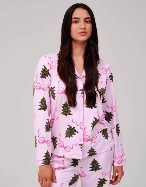 Loungeable Christmas tree stripe ls button down traditional pyjama set in pink, 3 of 7