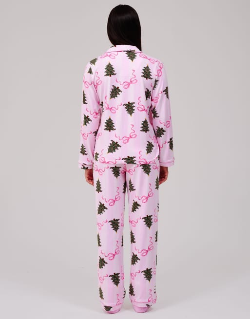 Loungeable Christmas tree stripe ls button down traditional pyjama set in pink, 7 of 7
