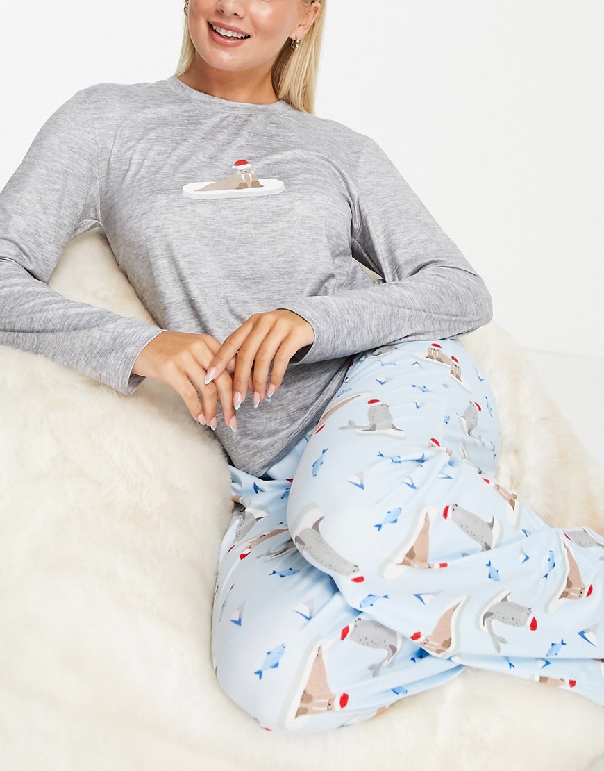 Loungeable Petite Christmas Walrus Pajama Set In Gray And Blue-blues