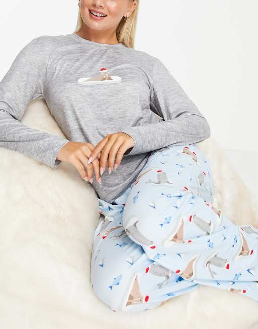 Loungeable christmas walrus pajama set in gray and blue