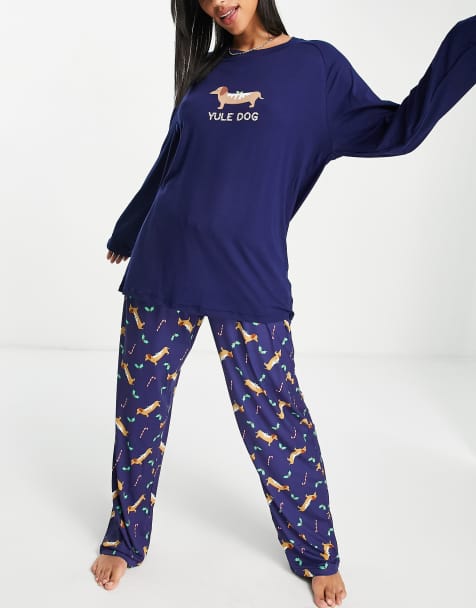 Loungeable christmas yule dog pyjama set in navy - view 1