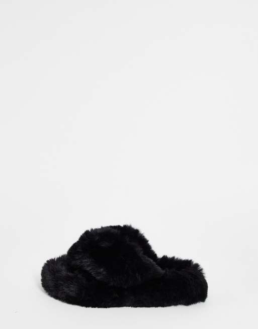 Loungeable chunky fluffy cross over slipper in black ASOS