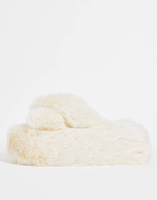 Loungeable chunky fluffy platform slipper in cream ASOS