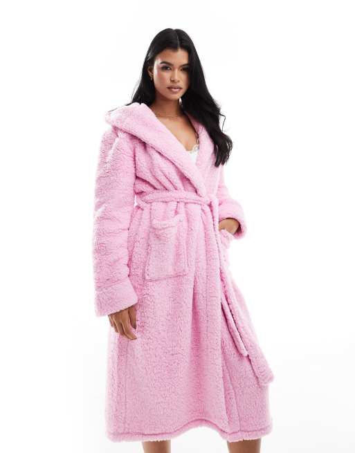 Loungeable Chunky sherpa hooded midaxi robe in pink