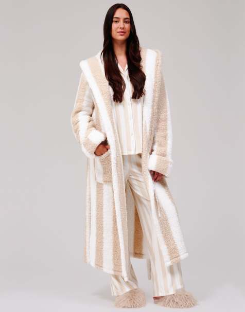 Loungeable Chunky  sherpa stripe midi hooded dressing gown in mink - view 1