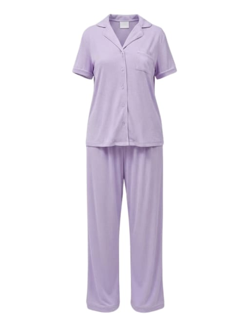 Loungeable - Completo a maniche corte con pantaloni tradizionali in jersey super morbido a coste lilla, 4 di 4