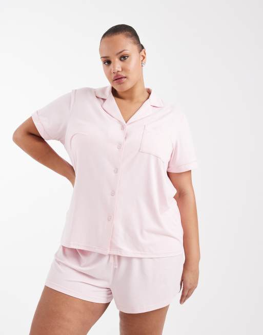 Loungeable - Completo in jersey morbidissimo color rosa tenue con camicia a maniche corte e pantaloncini