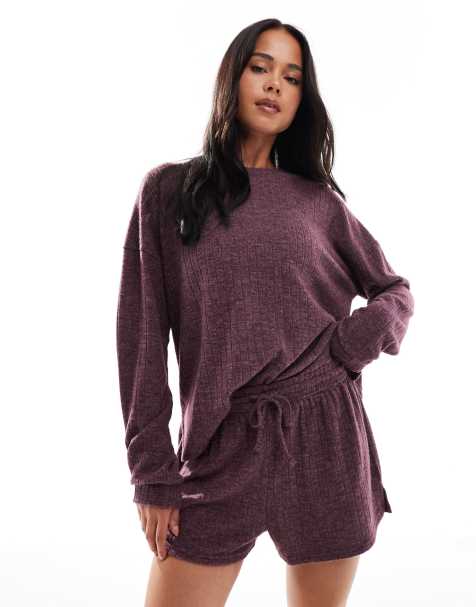 Loungeable - Completo morbidissimo bordeaux mélange con pantaloncini e maglione girocollo - view 1