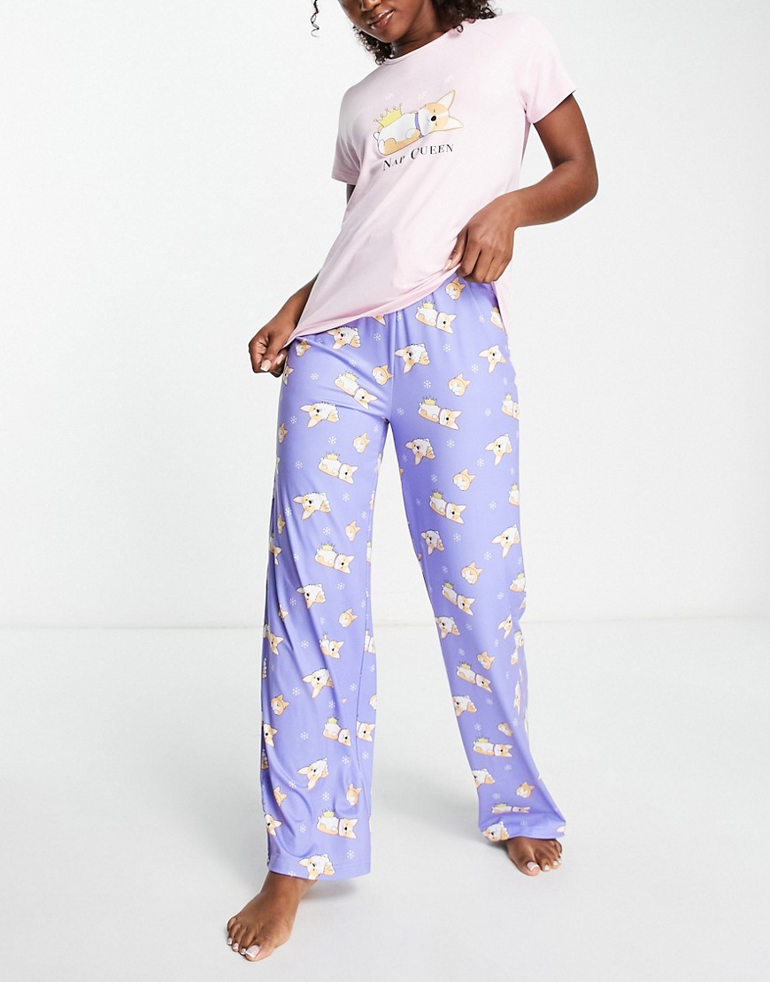 Loungeable corgi nap queen pajama set in pink and purple